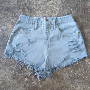 Vintage Distressed Cut Off Denim Jean Shorts Womens S 26 ABE Green 2" 90s Rugged